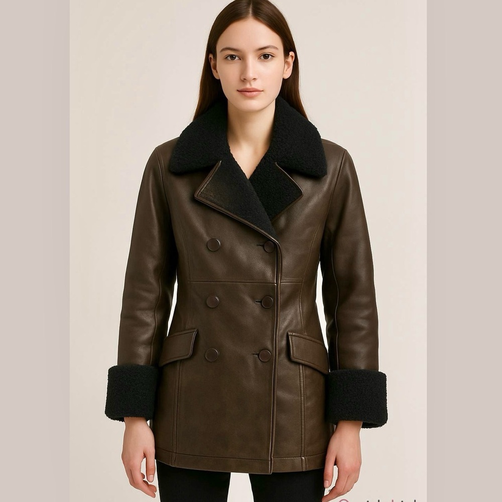 90s Vintage Toyko Fur Dark Brown Genuine Leather and Shearling Trim Peacoat S